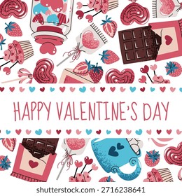 Plantilla de tarjeta cuadrada con dulces, pastel, chocolate, fresa y corazones. Día de San Valentín, boda, celebración de aniversario. Dulce concepto de amor. Para cartel, Anuncio, redes sociales, invitación, volante