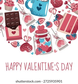 Plantilla de tarjeta cuadrada con dulces, pastel, chocolate, fresa y corazones. Día de San Valentín, boda, celebración de aniversario. Dulce concepto de amor. Para póster, Anuncio, redes sociales, invitación, volante.