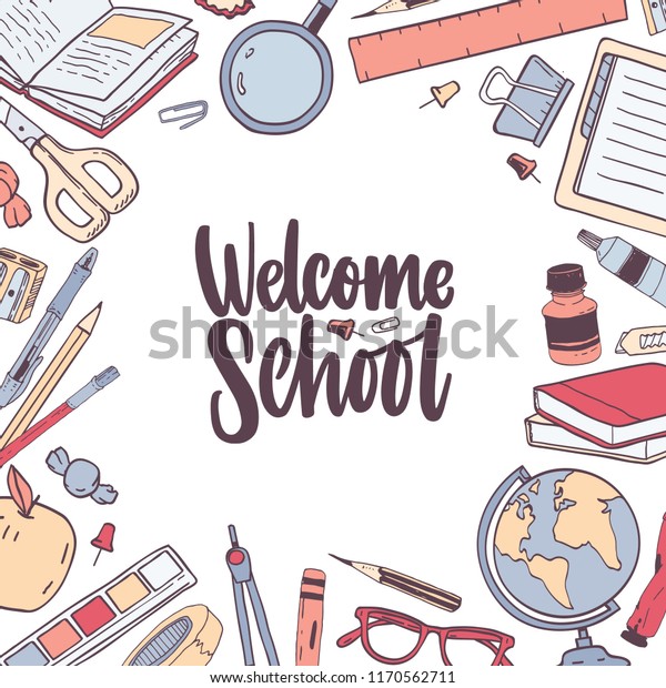 square card template welcome school lettering stock vector welcome cards template