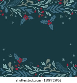 Square card template with winter flora, branches, leaves and berries. Vector design elements. Perfect for Christmas.