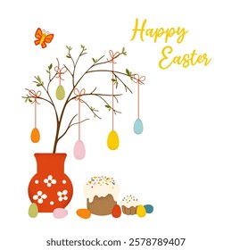 Square card with text for Happy Easter. Colorful vector illustration with hand drawn textured butterfly, vase, decoration, colored eggs and cakes with sprinkles. Template for poster, invitation, cover