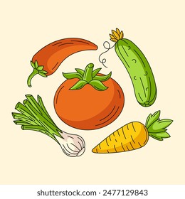 Square card with tomato, cucumber, carrot, chili pepper and leek. Seasonal harvest, vegetables, natural eco organic veggies. Composition for postcard, poster, template, social media, farmers market