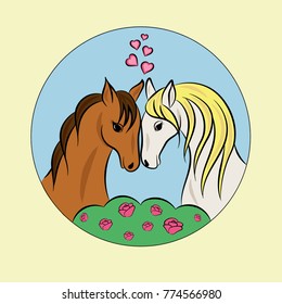 Square card with two lovers of beautiful horses with roses and hearts for Valentine's day