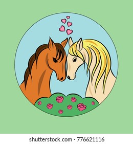 Square card with two lovers of beautiful horses with roses and hearts for Valentine's day