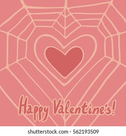 Square card for Valentines day, red doodle heart in beige spider web. Lettering, red on pink background.