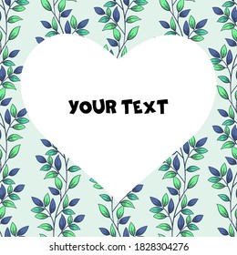 Una tarjeta cuadrada con ramas foliadas verticales y marco en forma de corazón en el centro. Plantilla para diseño interior, tarjetas de felicitación, invitaciones.