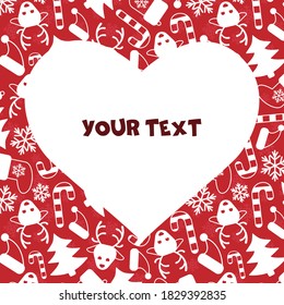 A square card with white Christmas elements on red background and heart-shaped frame in the center. Template for interior design, greetings cards, invitations.