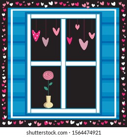 A square card with a window at night in black and blue. A window with a frame decorated with hearts and one flower in a vase on a window sill for Valentine's Day, wedding, romantic date