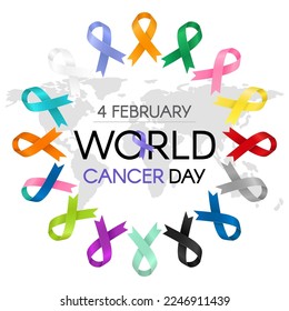 Square card to World Cancer Day. February 4th. Lots of ribbons in different colors. Vector flat illustration.