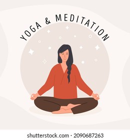 Square card with young woman meditating and doing yoga breathing exercise. Woman practicing Pranayama and meditation. Poster template. Flat style vector illustration. 