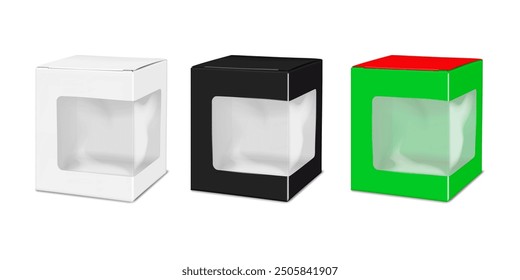 Caja de cartón cuadrada con ventana de plástico transparente. Blanco, negro, color. Maqueta realista de Vector en 3D. Caja de regalo de papel transparente. Maqueta. Empaquetado vacío del cubo del cartón. Fácil Plantilla editable