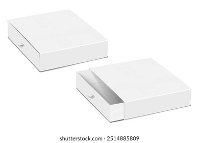 Square cardboard tray and sleeve gift box with ribbon pull tab. 3d vector mock-up. White blank paper slider box. Realistic mockup. Paperboard sliding lid container packaging. Template for design