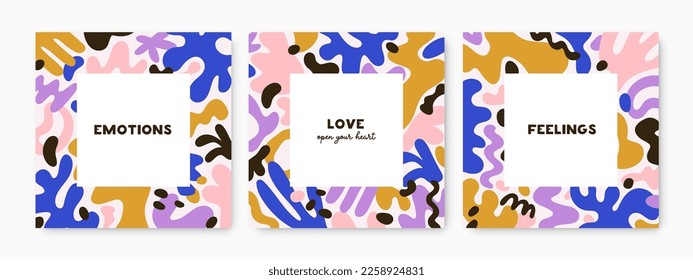 Square cards with abstract shapes frame. Postcards backgrounds set. Modern minimalist backdrops designs with creative trendy fluid elements, doodle organic pattern. Flat vector illustrations