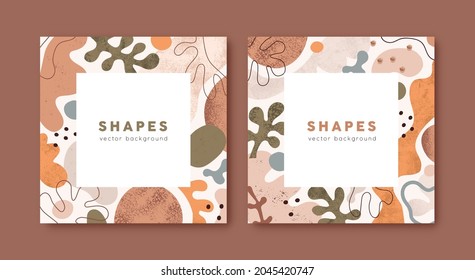 Square cards designs with abstract frame and background for text. Modern templates of social media ad posts with border of doodle geometric shapes, blots and leaf. Flat graphic vector illustrations