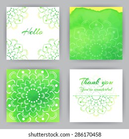 Square cards with green lotus. Vector template with watercolor elements for your design. Hello. Thank you.