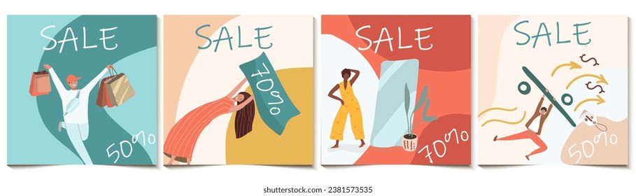 Square cards, postcards, price tags, flyers, shopping people, crazy discounts, flat vector illustrations