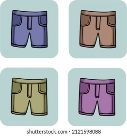 Square cards. A set of bright summer shorts for hot weather with pockets and a belt. Vector Illustration
