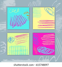 Square Cards Set with Hand Drawn Colorful Texture Creative Template Design Stock Vector Illustration