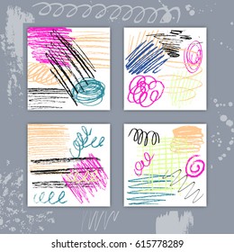 Square Cards Set with Hand Drawn Colorful Texture Creative Template Design Stock Vector Illustration
