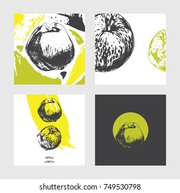 Square cards set with hand drawn apples. Black, green and yellow palette on white background. Vector collection