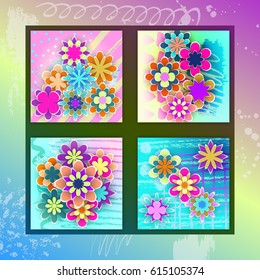 Square Cards Set with Paper Flowers Gorgeous Design for Celebration Events Stock Vector Illustration