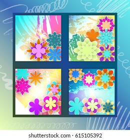 Square Cards Set with Paper Flowers Beautiful Design for Celebration Events Stock Vector Illustration