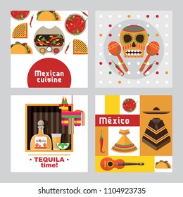 Square cards templates dedicated to mexico, decorated with taco, tequila, sculls and mexican food and clothes. Four designs good for flyer or invitation