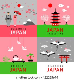 Square cards with traditional Japanese symbols. Flat icons. Banners for Asian New Year or Sakura blossom festival. Template for your text. Vector illustration.