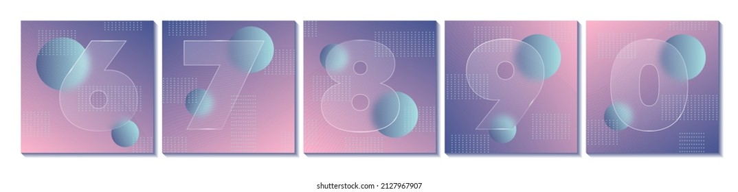 Square carousel stories social media posts. Glass morphism effect. Transparent frosted acrylic shape numbers on pastel gradient background. Futuristic realistic glassmorphism. Vector illustration