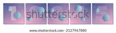 Square carousel stories social media posts. Glass morphism effect. Transparent frosted acrylic shape numbers on pastel gradient background. Futuristic realistic glassmorphism. Vector illustration