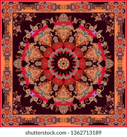 Square carpet with beautiful mandala flower and ornamental frame. Fashionable silk scarf.