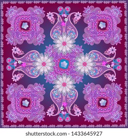 Square carpet or beautiful shawl in vintage style with mandala and paisley. Ethnic motifs.