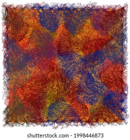 Square carpet, mat, rug, tapestry with grunge weave colorful geometric abstract elements and decorative fringe isolated on white