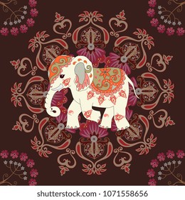 Square carpet or seamless print for fabric with cute elephant, flowers and mandala on dark brown background in indian style. Vector illustration.