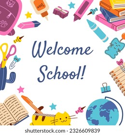 Square cart template with Welcom School cursive font and decorated by frame or border of stationery.
