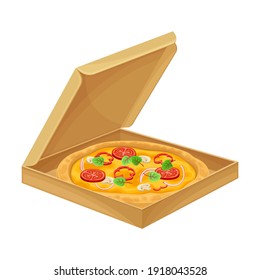 Square Carton or Cardboard Eco Package with Pizza Inside Vector Illustration