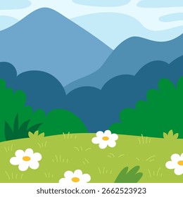 Quadrado fundo de desenho animado com montanhas e um prado com flores brancas. A cena da natureza pacífica em estilo de vetor plano. Perfeito para temas ao ar livre e design infantil