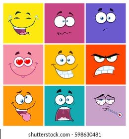 Square Cartoon Emoticons Different Color With Expression Set 2. Vector Collection Isolated On White