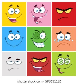 Square Cartoon Emoticons Different Color With Expression Set 1. Vector Collection Isolated On White