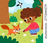 Square cartoon forest explorer background with cute kid. Nature woodland landscape with girl feeding squirrel with nut or chestnut. Wildlife scene with cute child, animal, trees, flying swallow
