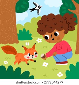 Square cartoon forest explorer background with cute kid. Nature woodland landscape with girl feeding squirrel with nut or chestnut. Wildlife scene with cute child, animal, trees, flying swallow
