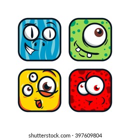 Square cartoon monsters. Funny monsters face. Handdrawn monsters faces.
