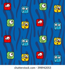 Square cartoon monsters pattern. Funny monsters face background. Handdrawn monsters faces.