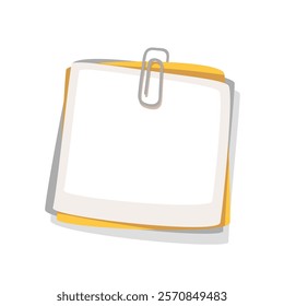 Square cartoon pages pile on paper clip. Funny blank sheets stack of different colors to write notes, attach message. Stationery, notice mascot, cartoon steel clip with stickers vector illustration