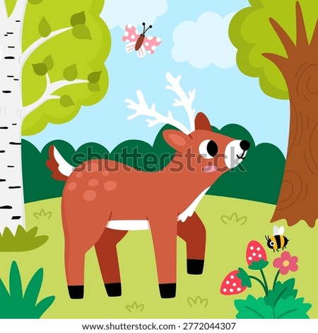 Square cartoon scene with brown deer, birch tree, butterfly. Forest background with cute cartoon animal. Nature woodland story book landscape with reindeer for kids. Funny wildlife scenery
