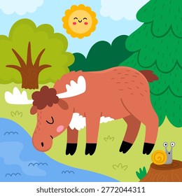 Square cartoon scene with elk drinking water from stream, fir tree, sun. Forest background with cute cartoon animal. Nature woodland story book landscape with moose for kids. Wildlife scenery
