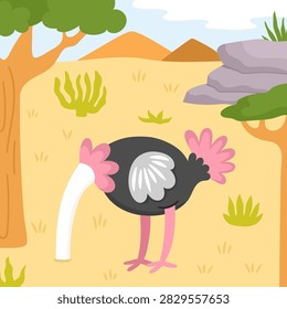 Square cartoon scene with ostrich hiding head in ground, acacia tree, mountains. African savanna background with animal. Safari nature landscape for kids. Savannah wildlife scenery with bird