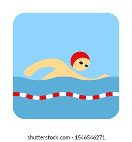 Square cartoon swimming icon: male swimmer in a red cap, black and white glasses, on a blue background, red and white pool line divider, white background, eps 8, vector graphics, vector illustration