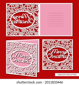 Square carved holiday card. Lacy pattern of snowflakes and the text Merry Christmas. Place and lines for text. The layout folds in half. Vector template for plotter laser cutting of paper, cnc.