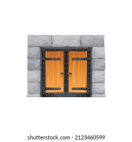 Square castle doorway, cartoon vector medieval gate with wooden doors and stone doorjambs. Fortress arch portal, fairytale dungeon or palace arched entry. Isolated temple exterior with riveted forgery